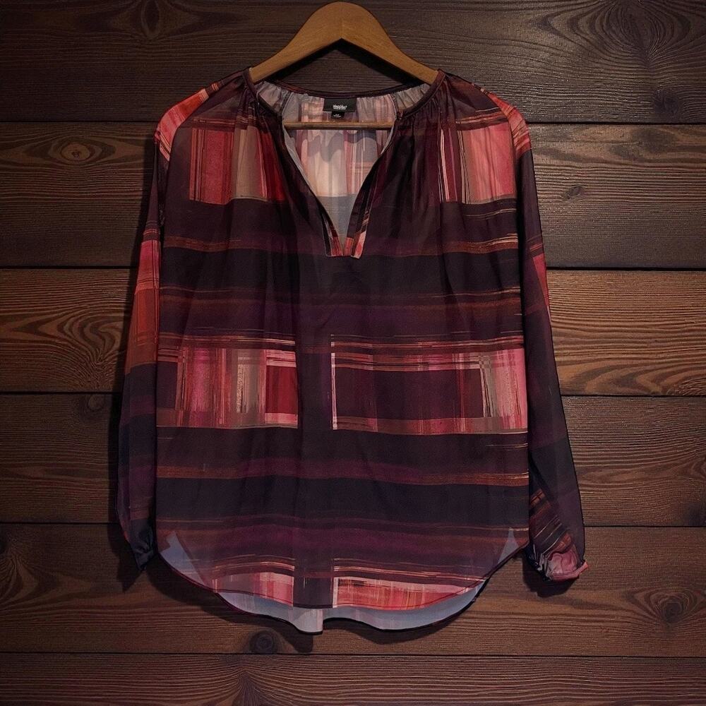 Mossimo Blouse Geometric Print V-Neck Tunic Coral Peach & Brown LS Size S
